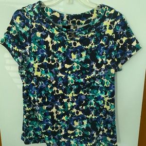 Rafaela PM Blue Floral Top with Metal Accent Neck